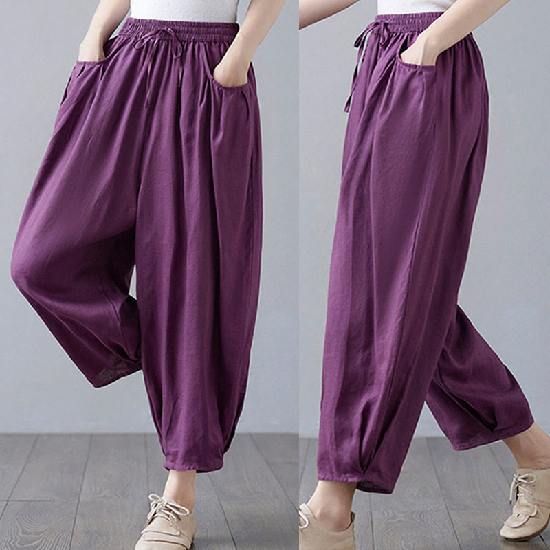 Buddha Stones Summer Plain Cropped Pants Women's Cotton Linen Harem Pants With Pockets - image 27