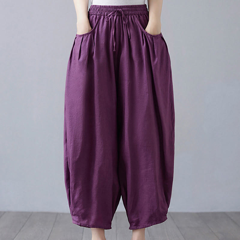 Buddha Stones Summer Plain Cropped Pants Women's Cotton Linen Harem Pants With Pockets - Purple - US12,UK/AU16,EU44 (3XL) - image 21