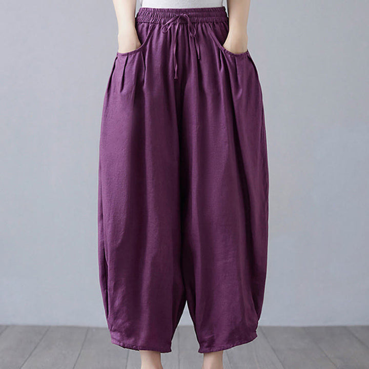 Buddha Stones Summer Plain Cropped Pants Women's Cotton Linen Harem Pants With Pockets - Purple - US12,UK/AU16,EU44 (3XL) - image 21