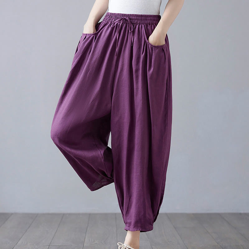Buddha Stones Summer Plain Cropped Pants Women's Cotton Linen Harem Pants With Pockets - image 24