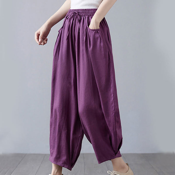 Buddha Stones Summer Plain Cropped Pants Women's Cotton Linen Harem Pants With Pockets - image 25