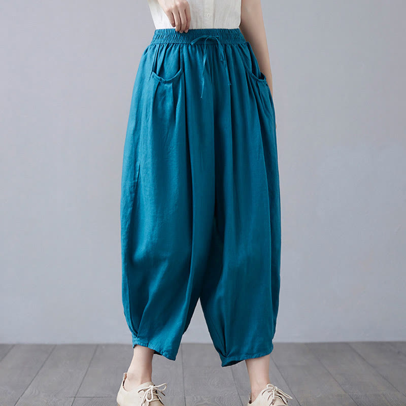 Buddha Stones Summer Plain Cropped Pants Women's Cotton Linen Harem Pants With Pockets - image 29
