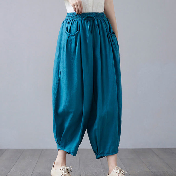 Buddha Stones Summer Plain Cropped Pants Women's Cotton Linen Harem Pants With Pockets - image 29
