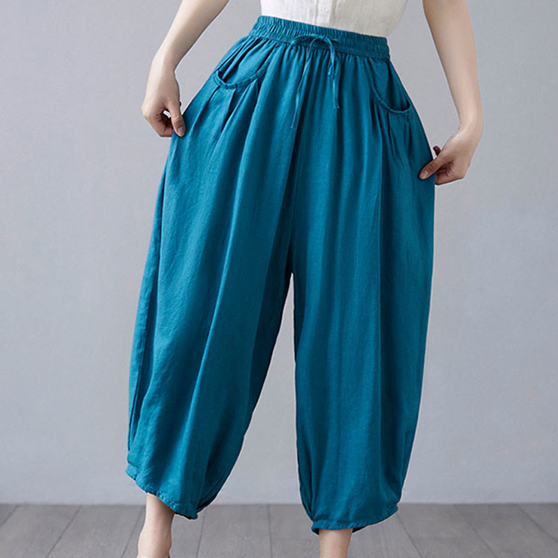 Buddha Stones Summer Plain Cropped Pants Women's Cotton Linen Harem Pants With Pockets - DeepSkyBlue - US12,UK/AU16,EU44 (3XL) - image 28