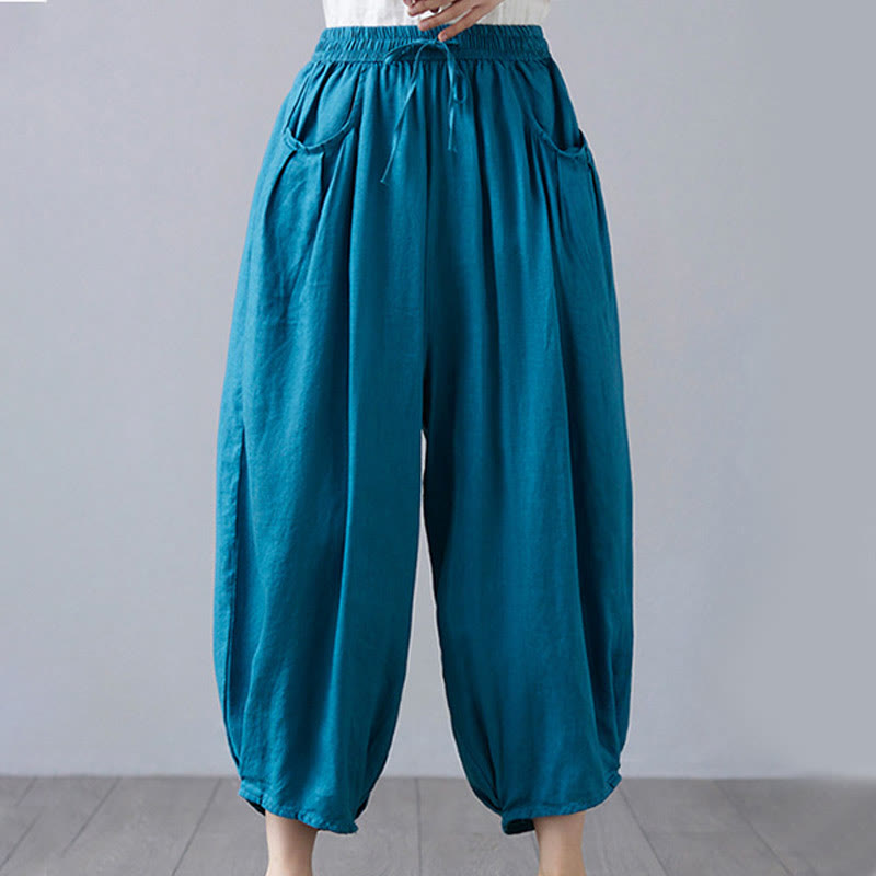 Buddha Stones Summer Plain Cropped Pants Women's Cotton Linen Harem Pants With Pockets - image 31