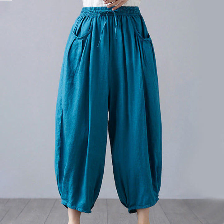 Buddha Stones Summer Plain Cropped Pants Women's Cotton Linen Harem Pants With Pockets - image 31