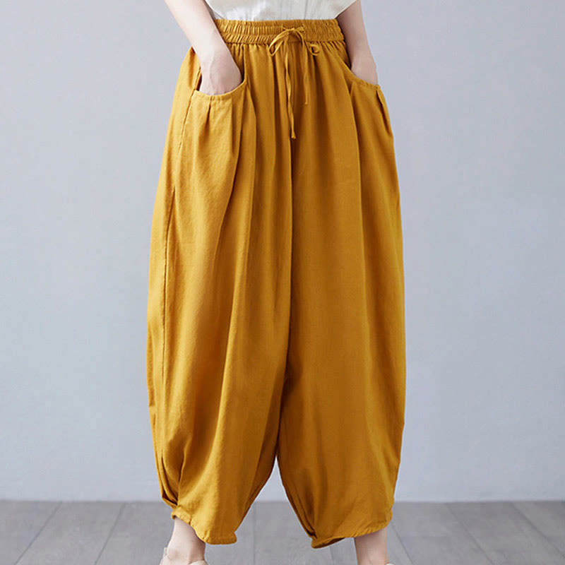 Buddha Stones Summer Plain Cropped Pants Women's Cotton Linen Harem Pants With Pockets - image 35