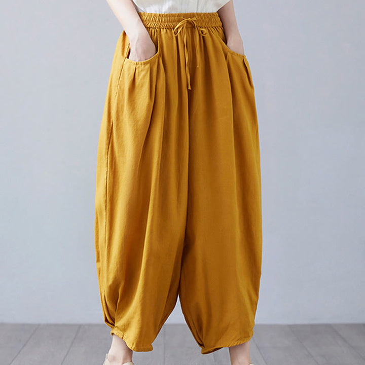 Buddha Stones Summer Plain Cropped Pants Women's Cotton Linen Harem Pants With Pockets - image 35