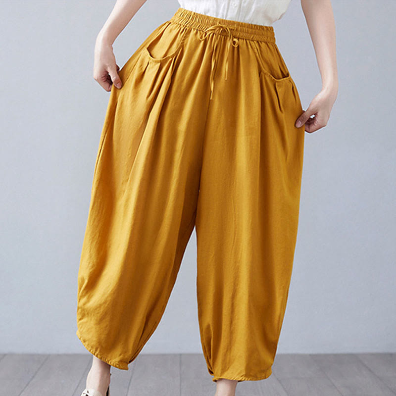 Buddha Stones Summer Plain Cropped Pants Women's Cotton Linen Harem Pants With Pockets - image 38
