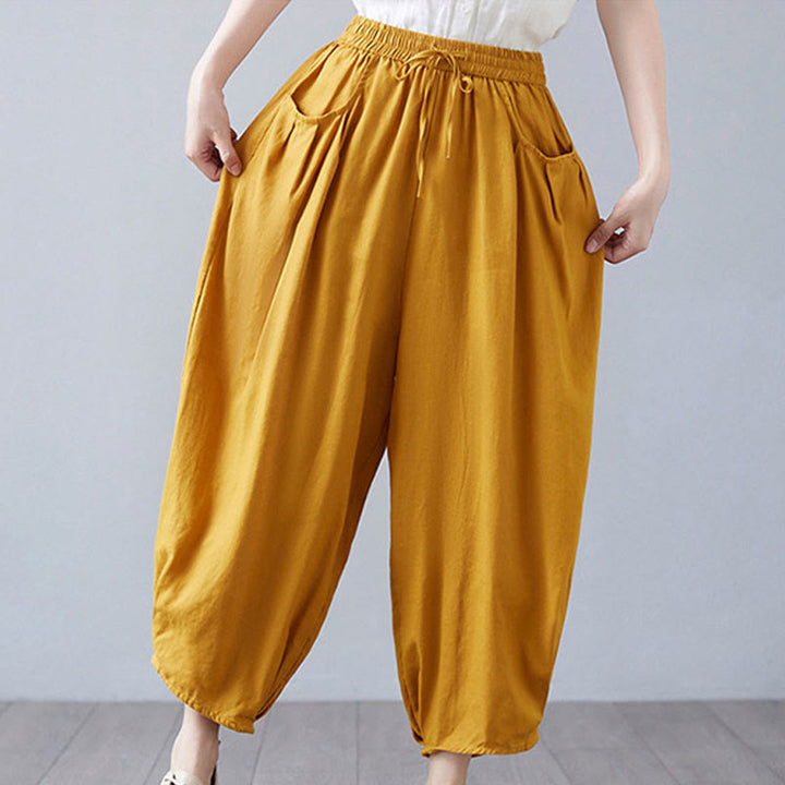 Buddha Stones Summer Plain Cropped Pants Women's Cotton Linen Harem Pants With Pockets - image 38