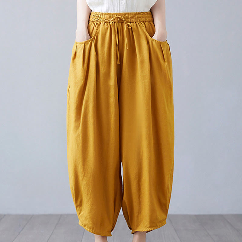 Buddha Stones Summer Plain Cropped Pants Women's Cotton Linen Harem Pants With Pockets - Gold - US12,UK/AU16,EU44 (3XL) - image 34