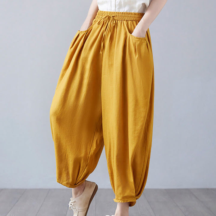 Buddha Stones Summer Plain Cropped Pants Women's Cotton Linen Harem Pants With Pockets - image 37