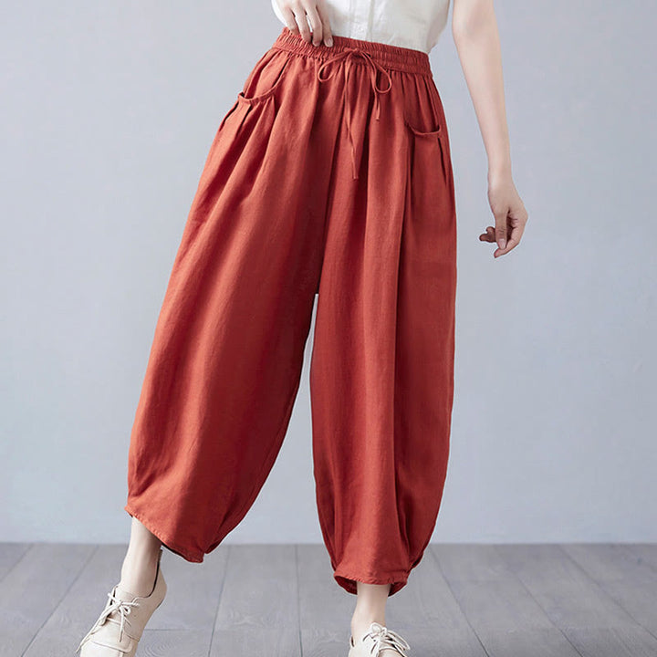 Buddha Stones Summer Plain Cropped Pants Women's Cotton Linen Harem Pants With Pockets - image 43