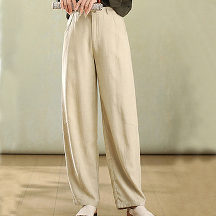 Buddha Stones Pure Color Buttons Women's Linen Pants With Pockets - Cornsilk - US6,UK/AU10,EU38 (XL) - image 3