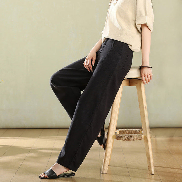 Buddha Stones Pure Color Buttons Women's Linen Pants With Pockets - Black - US6,UK/AU10,EU38 (XL) - image 13