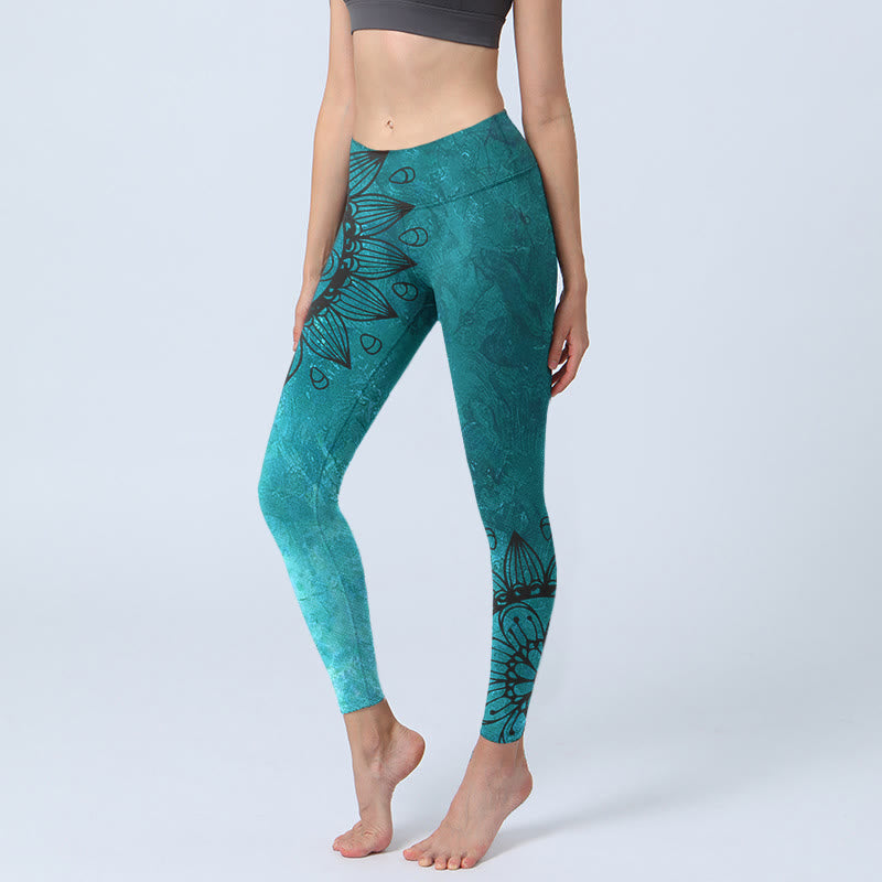 Buddha Stones Green Sunflowers Blossoms Print Gym Leggings Women's Yoga Pants - CadetBlue - US18,UK/AU22,EU50 (4XL) - image 1