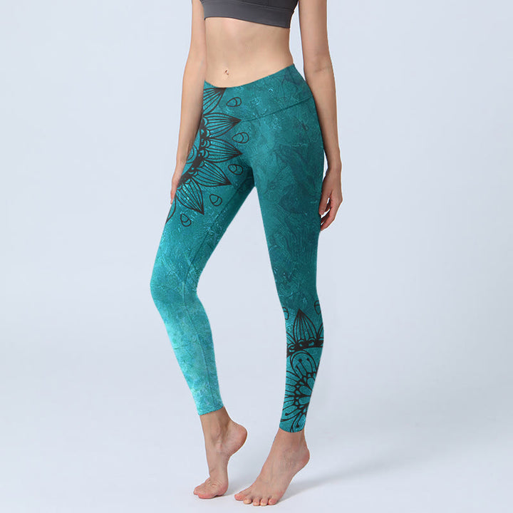 Buddha Stones Green Sunflowers Blossoms Print Gym Leggings Women's Yoga Pants - CadetBlue - US18,UK/AU22,EU50 (4XL) - image 1