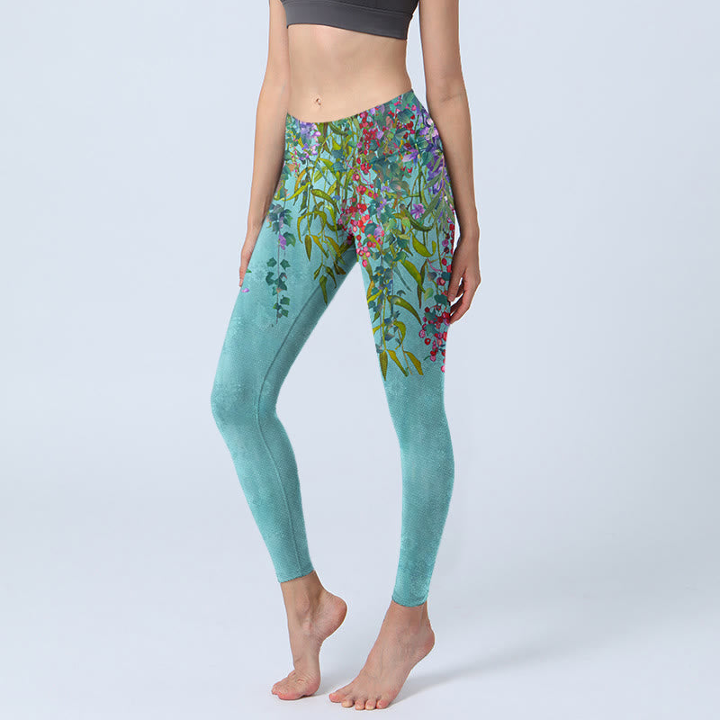 Buddha Stones Vibrant Flowers Green Willow Leaves Print Gym Leggings Women's Yoga Pants - MediumTurquoise - US18,UK/AU22,EU50 (4XL) - image 1