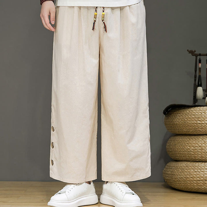 Buddha Stones Solid Color Linen Buttons Drawstring Men's Straight Leg Pants With Pockets - image 2