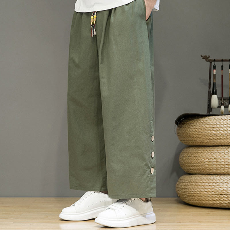 Buddha Stones Solid Color Linen Buttons Drawstring Men's Straight Leg Pants With Pockets - image 27
