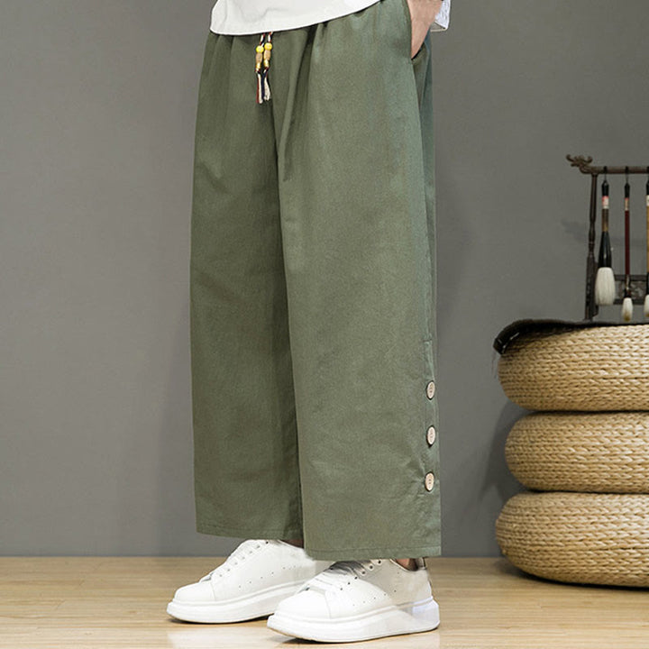 Buddha Stones Solid Color Linen Buttons Drawstring Men's Straight Leg Pants With Pockets - image 27