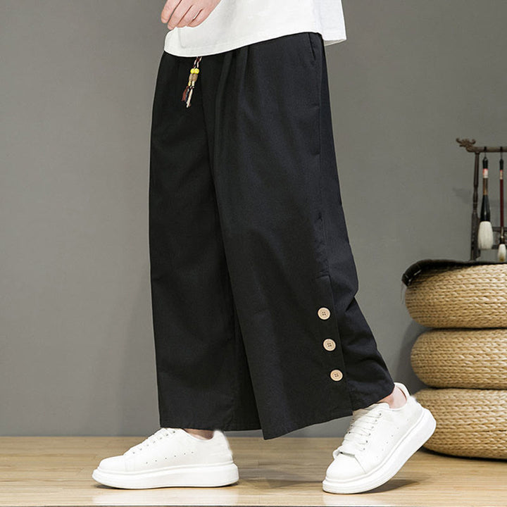 Buddha Stones Solid Color Linen Buttons Drawstring Men's Straight Leg Pants With Pockets - Black - US/UK/AU46,EU56 (5XL) - image 8