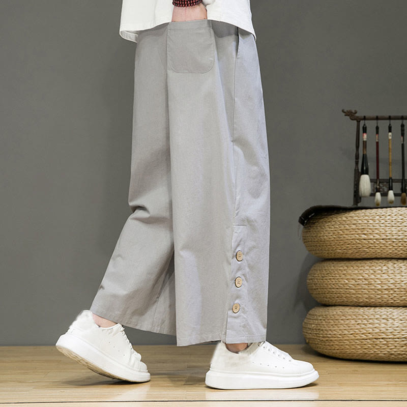 Buddha Stones Solid Color Linen Buttons Drawstring Men's Straight Leg Pants With Pockets - image 19