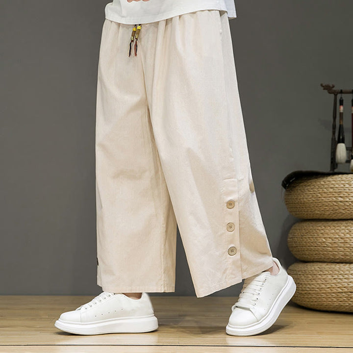 Buddha Stones Solid Color Linen Buttons Drawstring Men's Straight Leg Pants With Pockets - Beige - US/UK/AU46,EU56 (5XL) - image 1