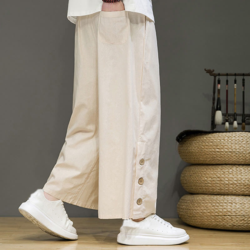 Buddha Stones Solid Color Linen Buttons Drawstring Men's Straight Leg Pants With Pockets - image 4