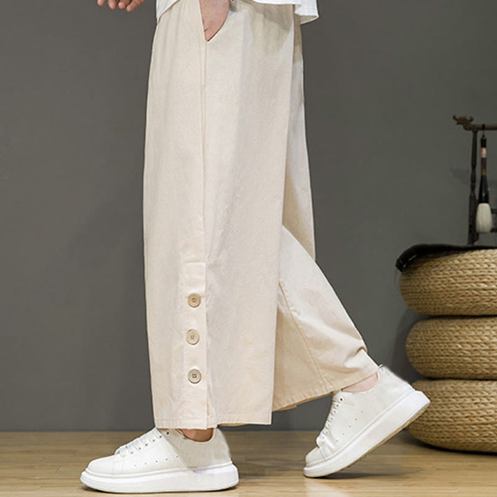 Buddha Stones Solid Color Linen Buttons Drawstring Men's Straight Leg Pants With Pockets - image 5
