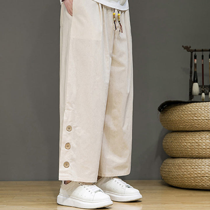Buddha Stones Solid Color Linen Buttons Drawstring Men's Straight Leg Pants With Pockets - image 3