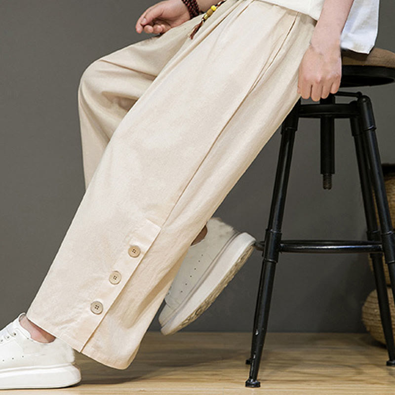 Buddha Stones Solid Color Linen Buttons Drawstring Men's Straight Leg Pants With Pockets - image 7