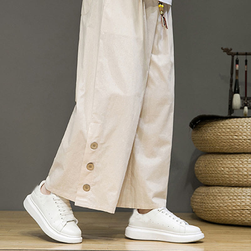 Buddha Stones Solid Color Linen Buttons Drawstring Men's Straight Leg Pants With Pockets - image 6