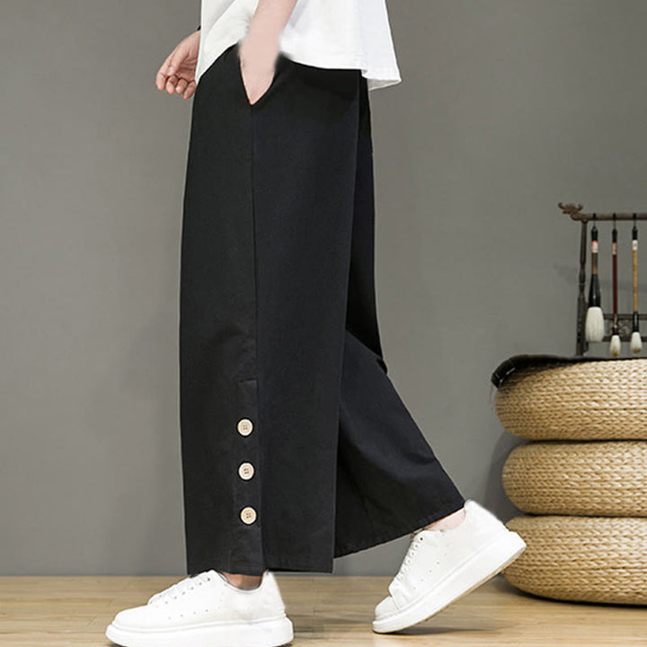 Buddha Stones Solid Color Linen Buttons Drawstring Men's Straight Leg Pants With Pockets - image 9