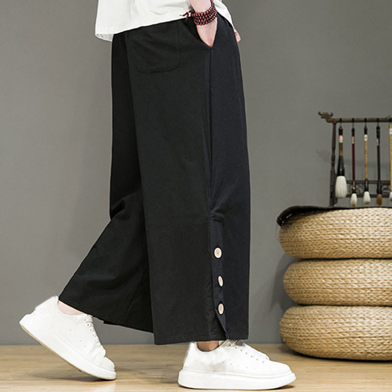 Buddha Stones Solid Color Linen Buttons Drawstring Men's Straight Leg Pants With Pockets - image 10