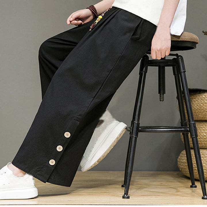 Buddha Stones Solid Color Linen Buttons Drawstring Men's Straight Leg Pants With Pockets - image 15