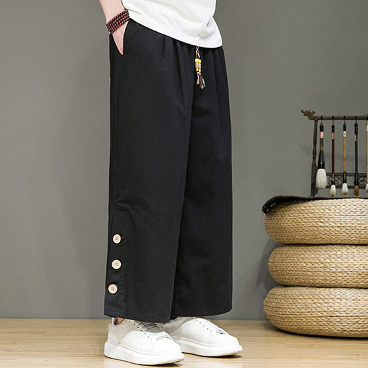 Buddha Stones Solid Color Linen Buttons Drawstring Men's Straight Leg Pants With Pockets - image 13