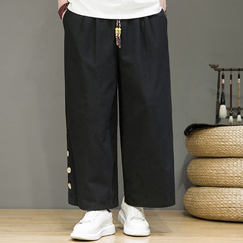 Buddha Stones Solid Color Linen Buttons Drawstring Men's Straight Leg Pants With Pockets - image 12
