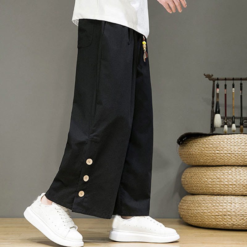 Buddha Stones Solid Color Linen Buttons Drawstring Men's Straight Leg Pants With Pockets - image 14