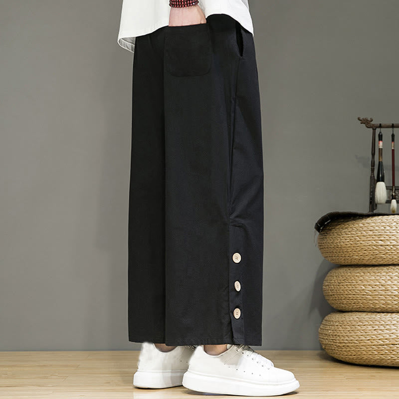 Buddha Stones Solid Color Linen Buttons Drawstring Men's Straight Leg Pants With Pockets - image 11