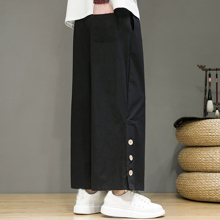 Buddha Stones Solid Color Linen Buttons Drawstring Men's Straight Leg Pants With Pockets - image 11