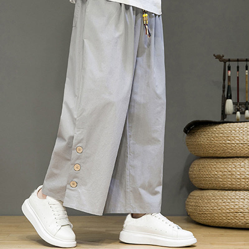 Buddha Stones Solid Color Linen Buttons Drawstring Men's Straight Leg Pants With Pockets - image 21