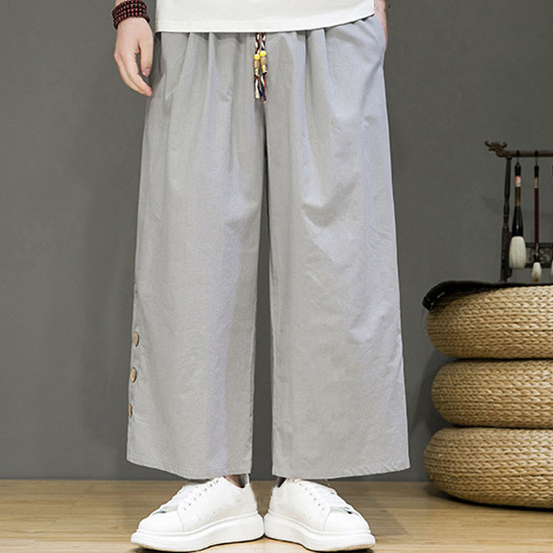 Buddha Stones Solid Color Linen Buttons Drawstring Men's Straight Leg Pants With Pockets - image 18