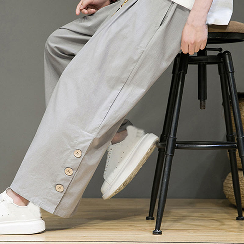 Buddha Stones Solid Color Linen Buttons Drawstring Men's Straight Leg Pants With Pockets - image 25