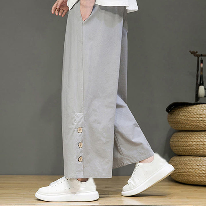 Buddha Stones Solid Color Linen Buttons Drawstring Men's Straight Leg Pants With Pockets - image 24