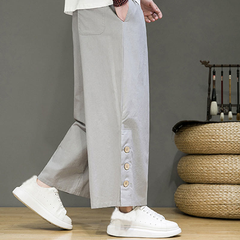 Buddha Stones Solid Color Linen Buttons Drawstring Men's Straight Leg Pants With Pockets - image 22
