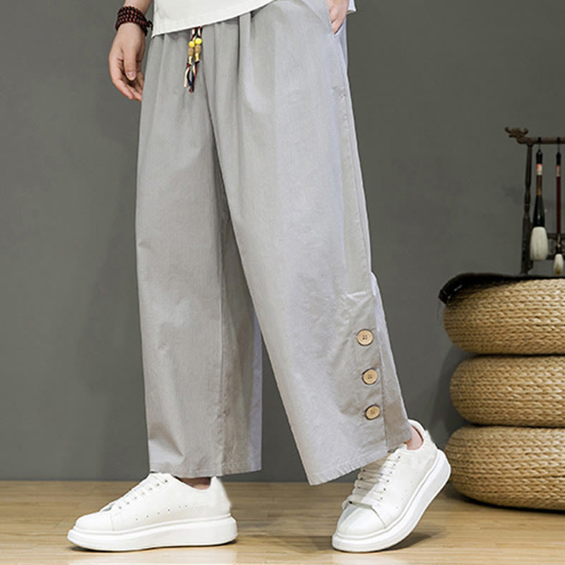 Buddha Stones Solid Color Linen Buttons Drawstring Men's Straight Leg Pants With Pockets - LightGrey - US/UK/AU46,EU56 (5XL) - image 17