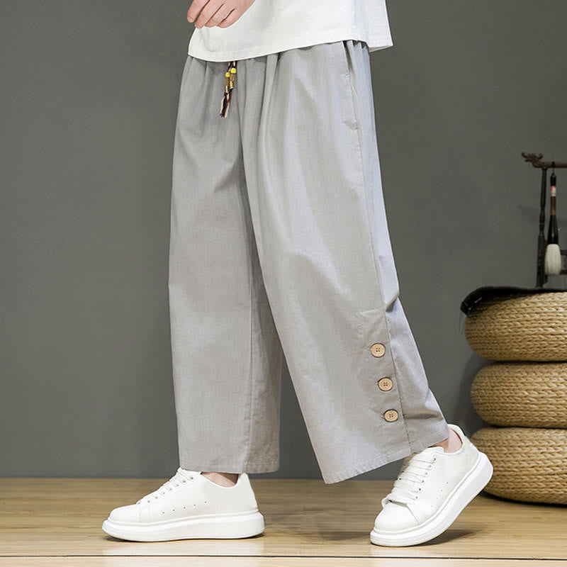 Buddha Stones Solid Color Linen Buttons Drawstring Men's Straight Leg Pants With Pockets - image 20