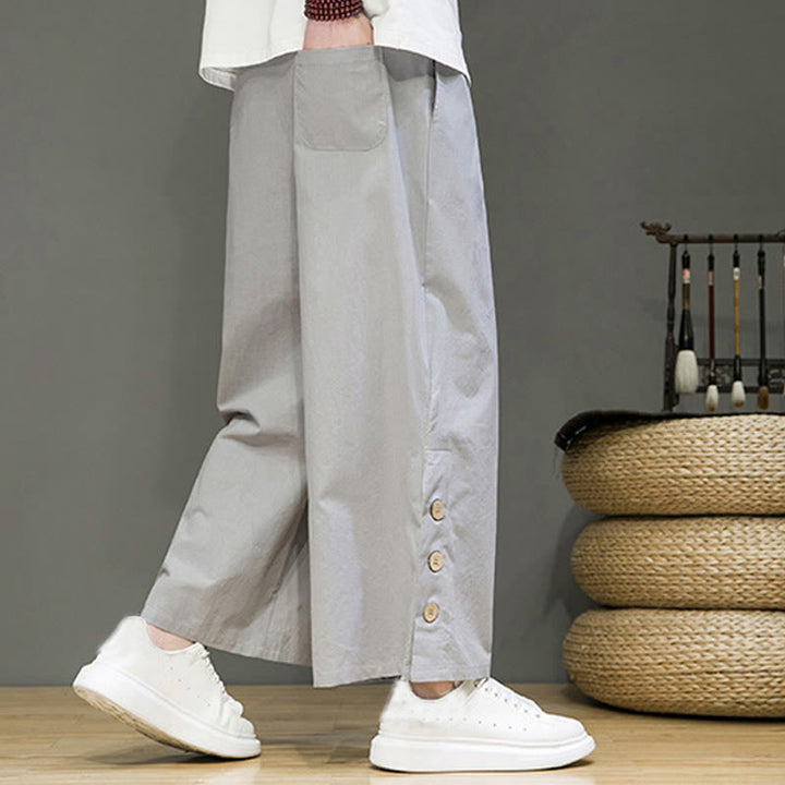 Buddha Stones Solid Color Linen Buttons Drawstring Men's Straight Leg Pants With Pockets - image 23