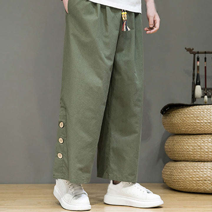 Buddha Stones Solid Color Linen Buttons Drawstring Men's Straight Leg Pants With Pockets - image 30